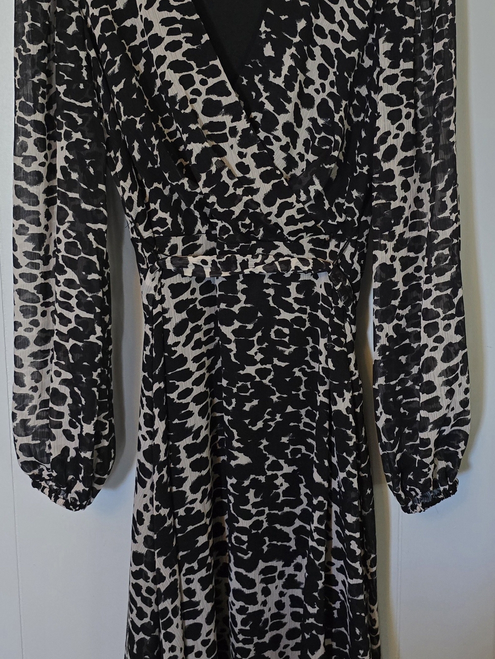 DKNY Black and White Animal Print Long Sleeve Wrap Dress
